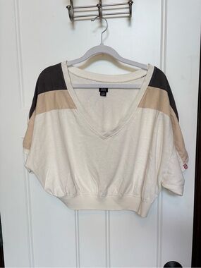 BDG Urban Outfitters Hype Heritage Cream Crop V-Neck Top Tan & Black Panels sz L